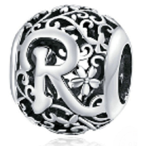 Sterling silver 925 Magic alphabet letter R with flowers, bead for bracelet