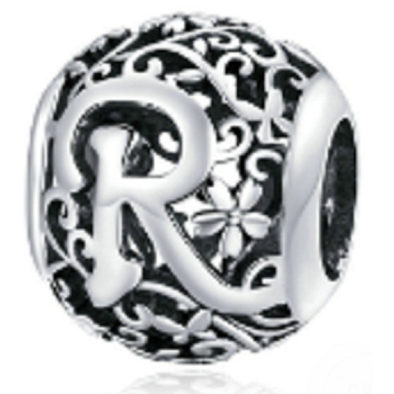 Sterling silver 925 Magic alphabet letter R with flowers, bead for bracelet