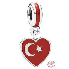 Charm Sterling Silver 925 Turkish Flag Heart - I Love Turkey, Travel Bracelet Pendant
