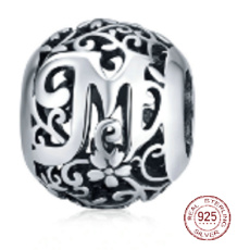 Sterling silver 925 Magic alphabet letter M with flowers, bead for bracelet