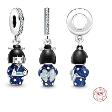 Sterling Silver 925 Japanese Doll, Theater of Life, travel bracelet pendant