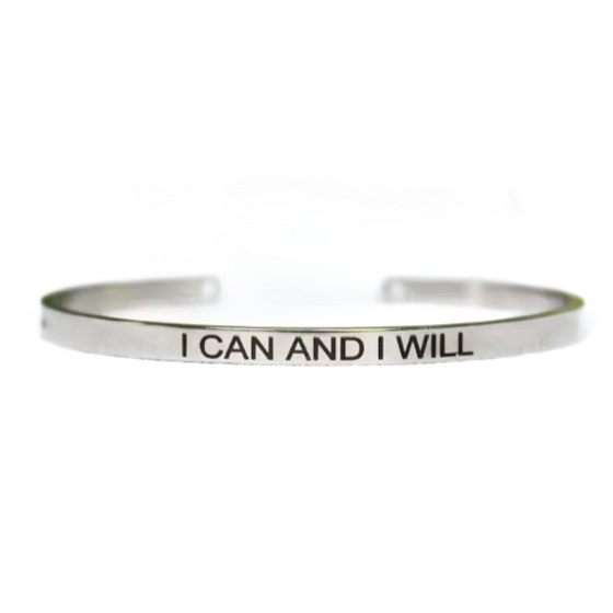 Stainless steel bracelet silver with engraving I can and I will, open cuff, 4 mm