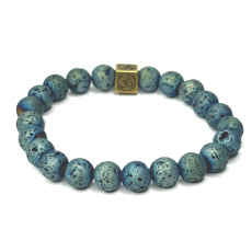 Lava blue plated with royal mantra Om, bracelet elastic natural stone, ball 8 mm / 16-17 cm, born of the four elements