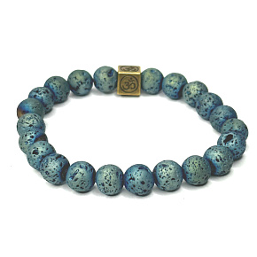Lava blue plated with royal mantra Om, bracelet elastic natural stone, ball 8 mm / 16-17 cm, born of the four elements
