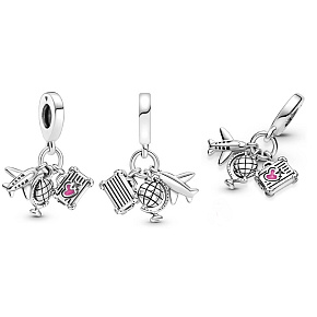 Sterling silver 925 Around the world, plane, globe and suitcase, 3in1 travel bracelet pendant