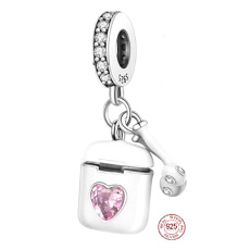 Sterling silver 925 Airpods headphones with pink heart, 2in1 pendant bracelet interests