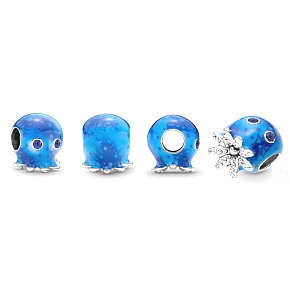 Charm Sterling Silver 925 Octopus with Bubbles and Ocean Waves, Bead for Sea Bracelet