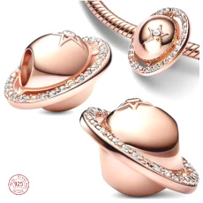 Charm Sterling Silver 925 Planet Saturn Sparkling Star with Ring, Bead for Space Bracelet