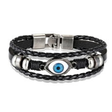 Leather multi-layer bracelet brown, blue eye symbol, adjustable size