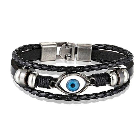 Leather multi-layer bracelet brown, blue eye symbol, adjustable size