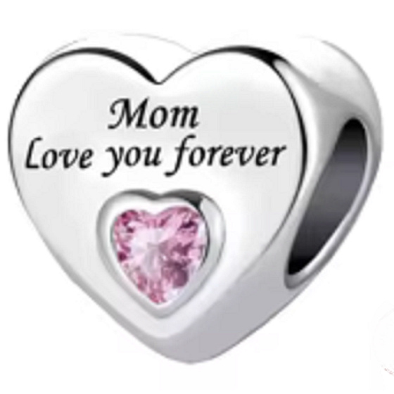Charm Sterling Silver 925 Mom Always Loves You Heart, Bead for Family Bracelet