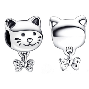 Charm Sterling silver 925 Cat and bow, bead on bracelet pet