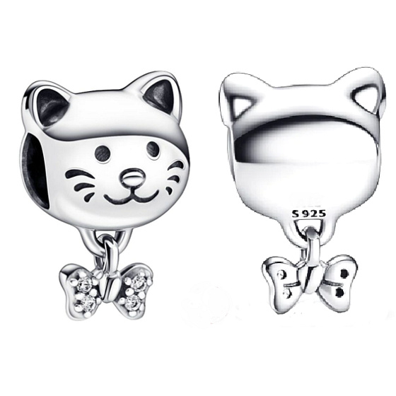 Charm Sterling silver 925 Cat and bow, bead on bracelet pet