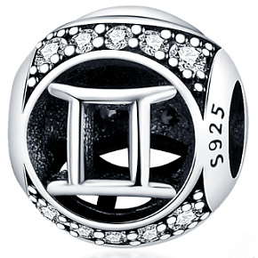Gemini, zodiac sign, silver + cubic zirconia bracelet pendant, ball 9 mm 1 piece