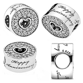 Charm Sterling silver 925 Happy Anniversary, stopper, clip bead for bracelet