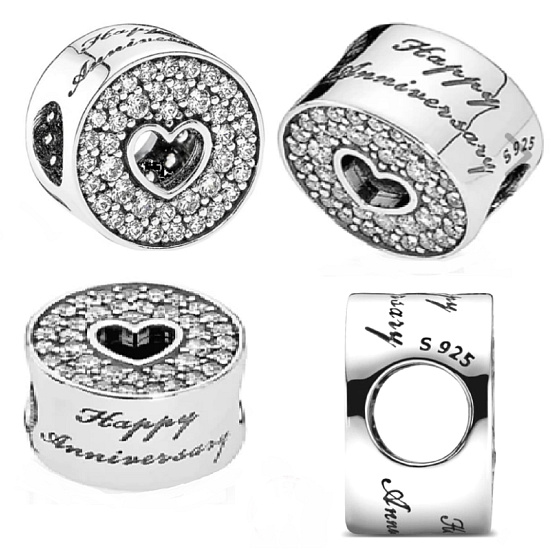 Charm Sterling silver 925 Happy Anniversary, stopper, clip bead for bracelet