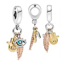 Charm Sterling silver 925 Protective amulet, Fatima's hand, prophet's eye and feather, talisman 3in1, bracelet pendant symbol