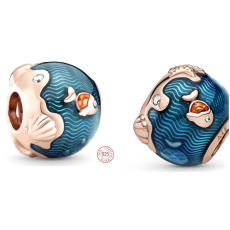 Sterling silver 925 Shimmering ocean waves with fish, bead for sea bracelet