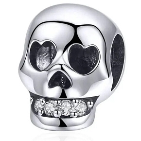 925 Sterling Silver Charm Skull with Zircon Teeth, Bead for Halloween Bracelet