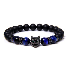 Lava black + Tiger eye dark blue + Wolf head bracelet elastic natural stone, ball 8 mm / 21 cm