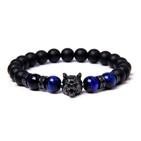 Lava black + Tiger eye dark blue + Wolf head bracelet elastic natural stone, ball 8 mm / 21 cm Lava black + Tiger eye dark blue + Wolf head bracelet elastic natural stone, ball 8 mm / 21 cm