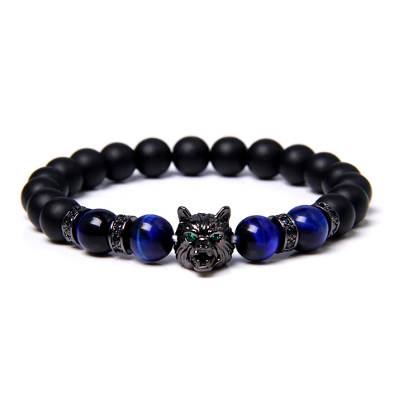 Lava black + Tiger eye dark blue + Wolf head bracelet elastic natural stone, ball 8 mm / 21 cm
