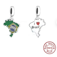 Charm Sterling Silver 925 Brazil Flag - Swinging Map, Travel Bracelet Pendant