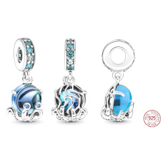 Charm Sterling Silver 925 Cute Murano Glass Octopus, Bracelet Pendant, Sea