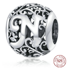 Sterling silver 925 Magic alphabet letter N with flowers, bead for bracelet