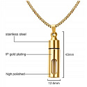 Commemorative urn pendant, Hollow tube, waterproof, stainless steel, gold 12,6 mm x 43 mm + chain 60 cm