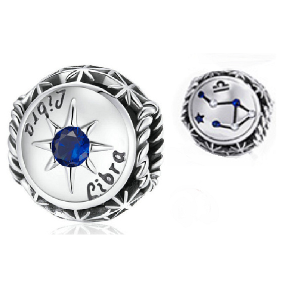Charm Sterling silver 925 Zodiac sign, cubic zirconia Libra, bead for bracelet