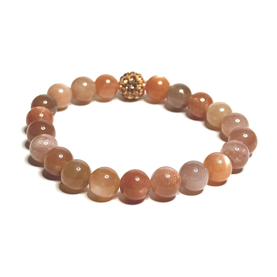 Moonstone orange bracelet elastic natural stone, ball 8 mm / 16-17 cm, stone of destiny