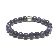 Lepidolite dark purple bracelet elastic natural stone, ball 8 mm / 16-17 cm, athletes amulet