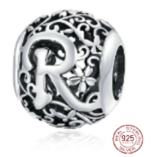 Sterling silver 925 Magic alphabet letter R with flowers, bead for bracelet