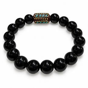 Elastic obsidian bracelet with a turquoise-embellished bead, natural stone, 10 mm bead / 16–17 cm | Talisman of calm and protection