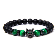 Lava black + Tiger eye green + Wolf head bracelet elastic natural stone, ball 8 mm / 21 cm
