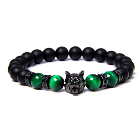 Lava black + Tiger eye green + Wolf head bracelet elastic natural stone, ball 8 mm / 21 cm Lava black + Tiger eye green + Wolf head bracelet elastic natural stone, ball 8 mm / 21 cm