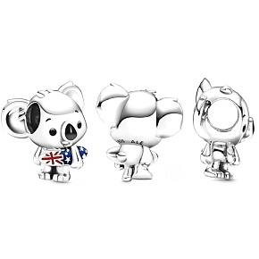 Sterling silver 925 Surfing koala with Australian flag, travel bracelet bead