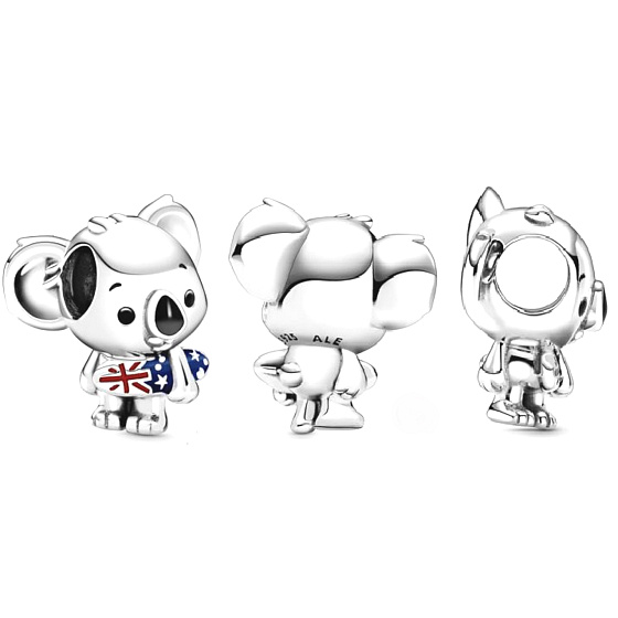Sterling silver 925 Surfing koala with Australian flag, travel bracelet bead