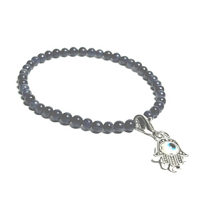 Sapphire + Fatima's hand removable pendant, bracelet elastic natural stone, ball 4 mm / 16-17 cm, stone of wisdom, truth and intuition