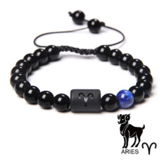 Onyx Aries zodiac sign, natural stone bracelet, 8mm ball/ adjustable size, life force stone