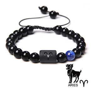 Onyx Aries zodiac sign, natural stone bracelet, 8mm ball/ adjustable size, life force stone