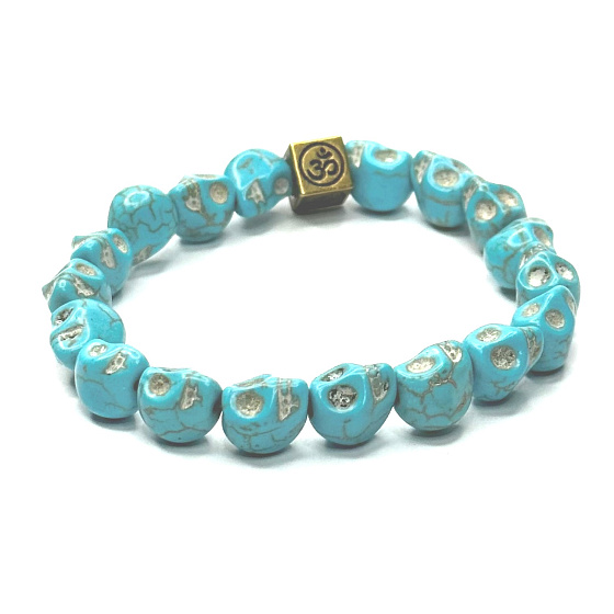 Tyrkenite Skull hand carved with royal mantra Ohm bracelet elastic natural stone 8 x 10 mm / 16-17 cm, stone of young people, looking for life purpose