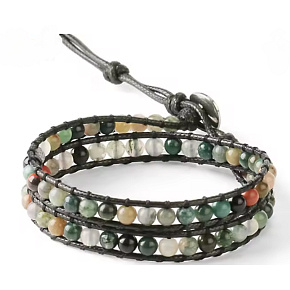Agate Indian leather bracelet natural stone, handmade, clasp, ball 4 mm, 17 - 23 cm, adds recoil and strength
