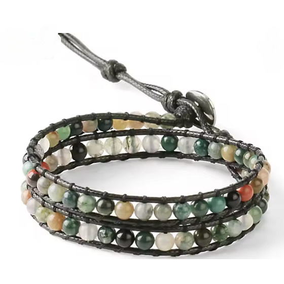 Agate Indian leather bracelet natural stone, handmade, clasp, ball 4 mm, 17 - 23 cm, adds recoil and strength