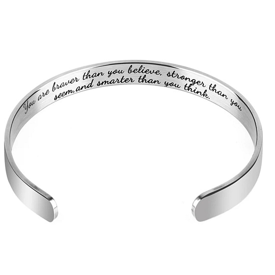 Stainless steel bracelet gold-plated with double-sided engraving You are braver than you think.., open cuff, 2.5 mm