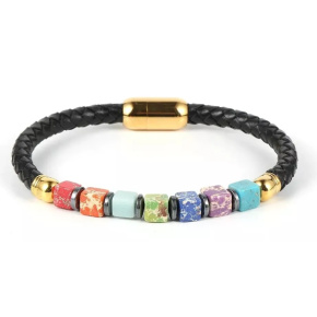 Chakra bracelet natural stone cube, genuine dark brown leather 20 cm with golden handle