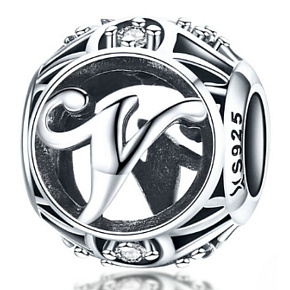 Sterling silver 925 Magic alphabet letter V with flowers, bead for bracelet