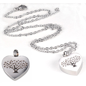 Commemorative urn pendant, Heart, tree of life waterproof, stainless steel 20 x 26 mm