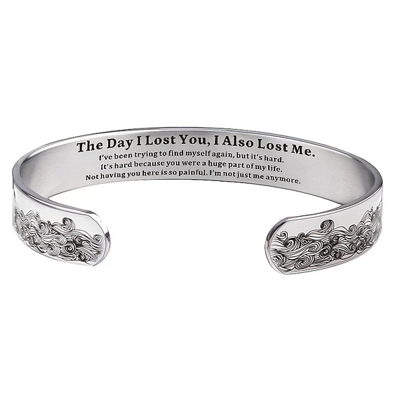 Stainless steel bracelet silver with engraving The day I lost you, open cuff, 10 mm